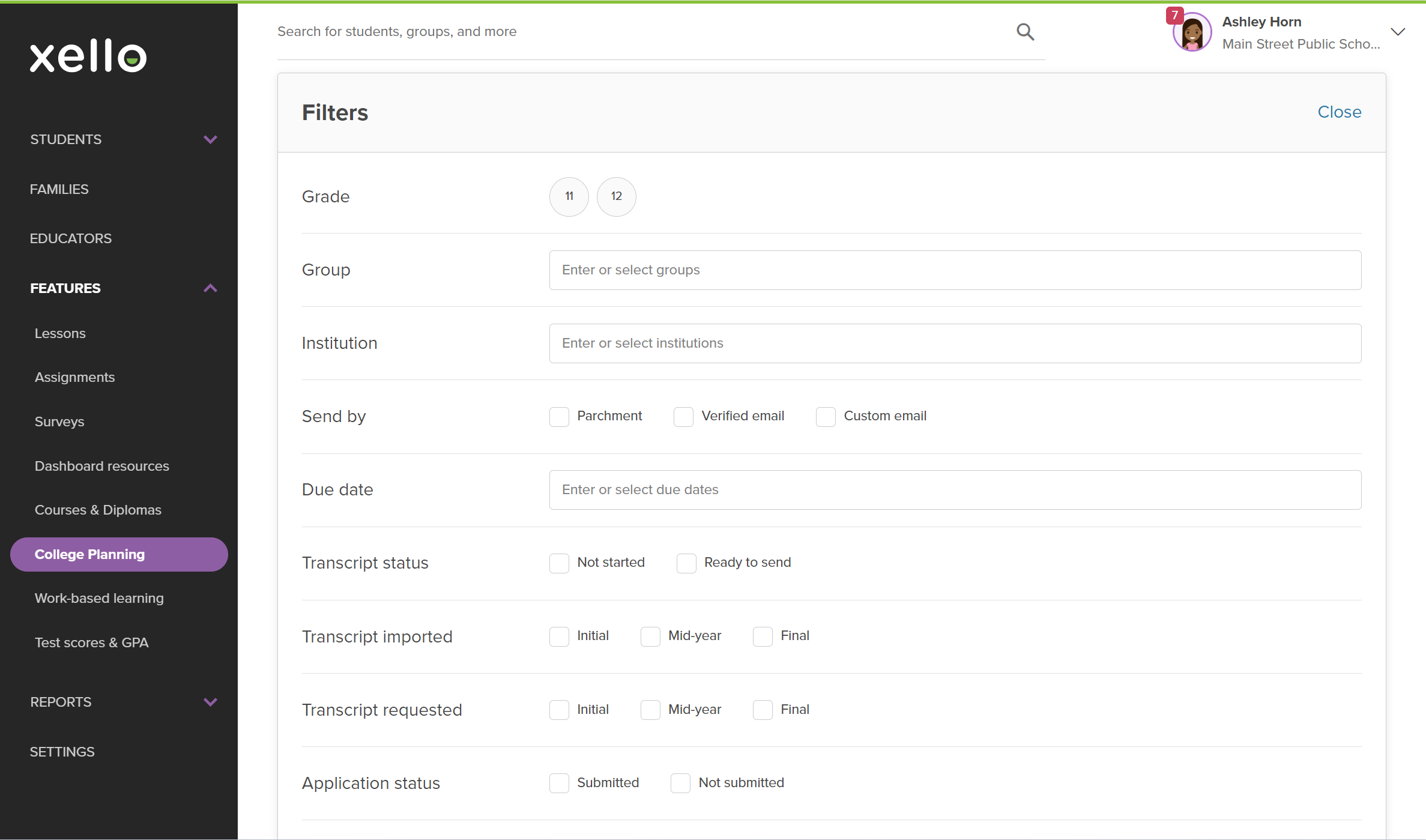Transcripts filters in Xello